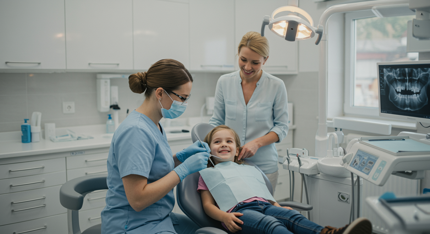 "Imagen de alta resolución de una moderna clínica dental, mostrando a una odontóloga examinando a un niño sonriente en un entorno acogedor y profesional, ideal para cuidados pediátricos y ortodónticos."