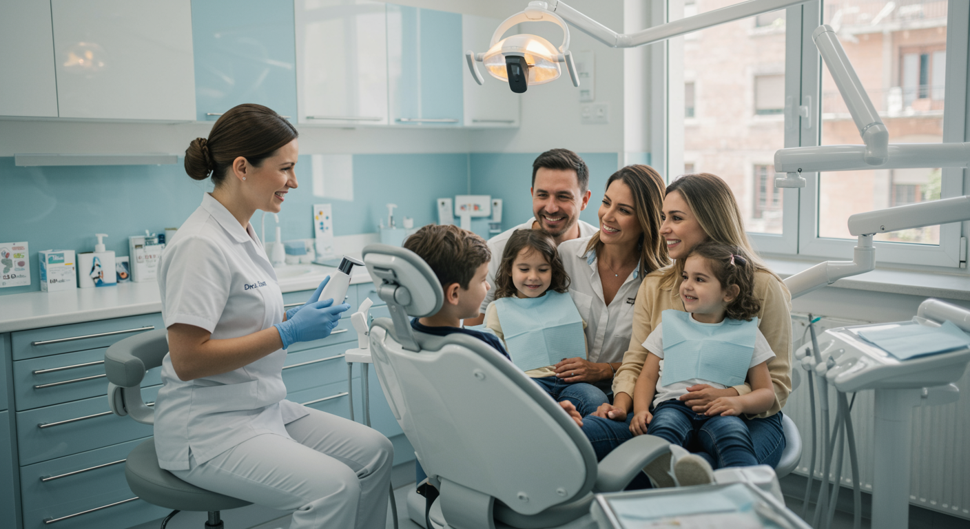 "Ilustración digital de alta resolución de una clínica dental moderna en Vallirana, Barcelona, mostrando a una dentista sonriente interactuando con una familia en un ambiente acogedor y profesional."